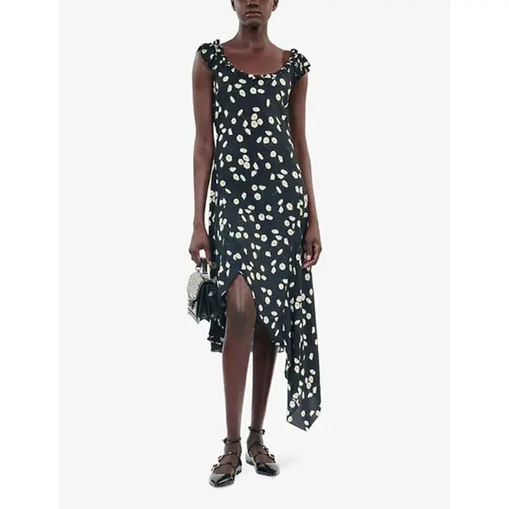 The Kooples Women's Black White Daisy-print Asymmetric Hem Midi Dress Size 2